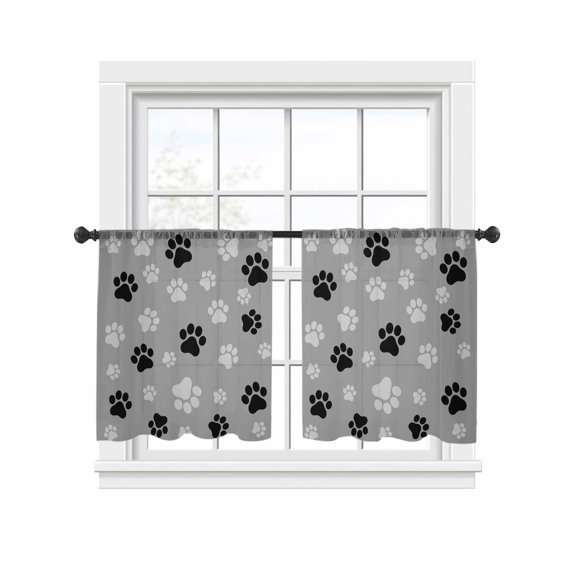 Animals Footprints Sheer Curtains 2 Panels Set Black Dogs Paws Pattern Gray Background Sheer Window Curtains Light Filtering Rod Pocket Voile Drapes for Bedroom Living Room 52"x54"