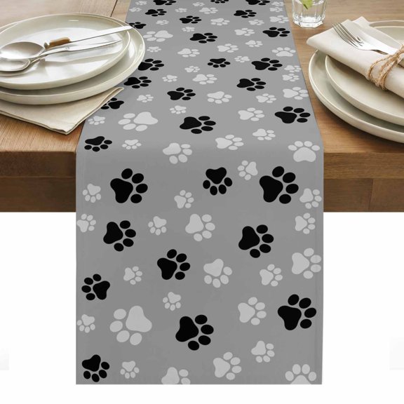 Animals Footprints Table Runner 13 x 36 Inch, Black Dogs Paws Pattern Gray Background Washable Cotton Linen Dining Table Runner Tabletop Decorations for Restaurant Home Kitchen Party