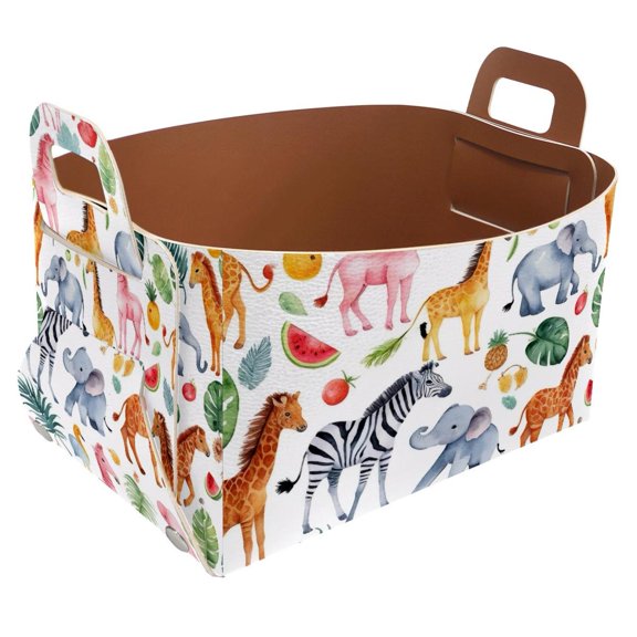 Animals Fruits Printing Storage Basket Collapsible Storage Bin, PU Foldable Basket Convenient Box Storage Organizer with Handles for Shelves Office Bedroom Closet Nursery Toys Laundry