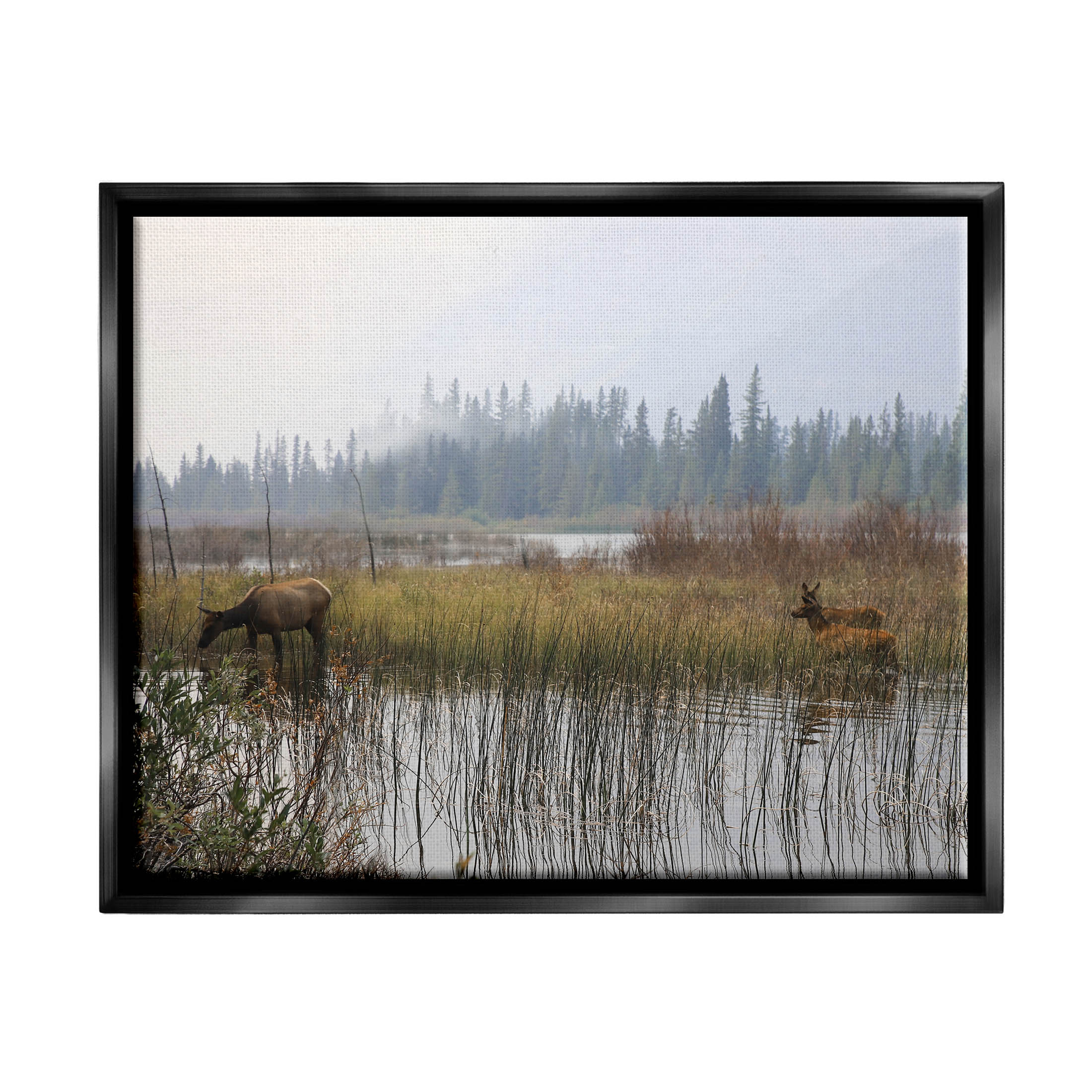 Animals Grazing Creek Landscape Landscape Photograph Jet Black Framed Art Print Wall Art