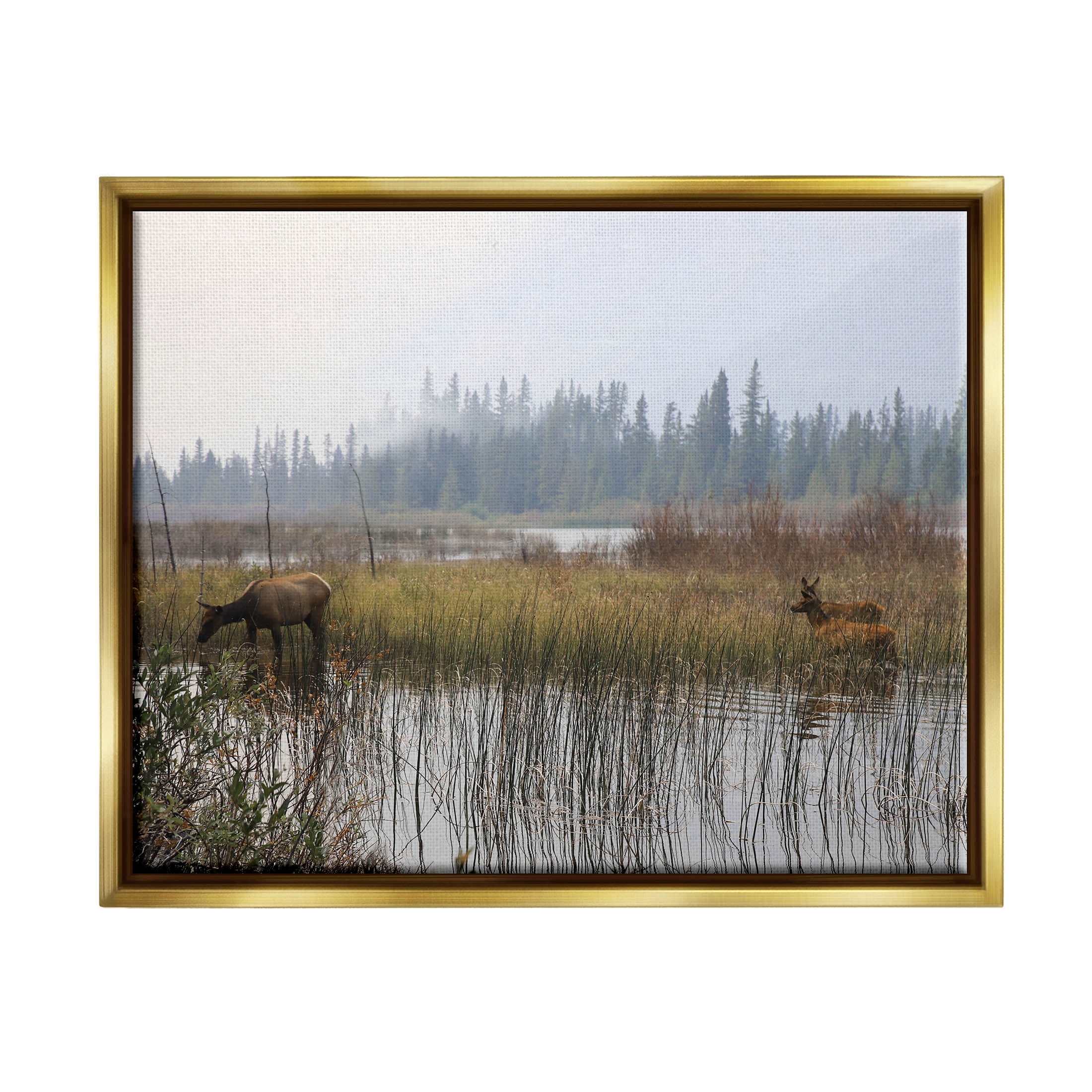 Animals Grazing Creek Landscape Landscape Photograph Metallic Gold Framed Art Print Wall Art