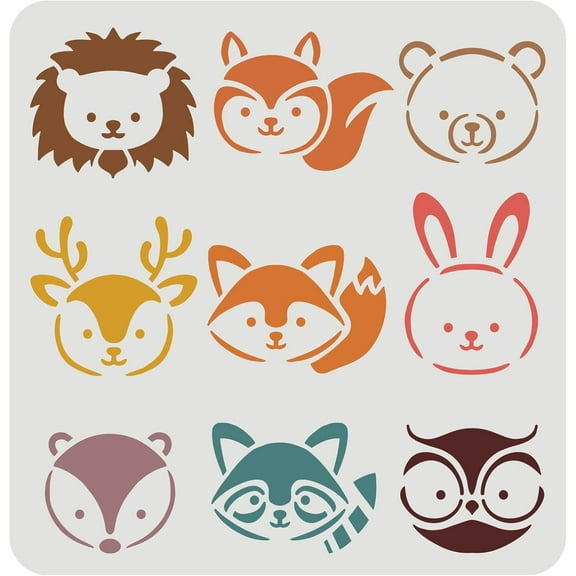 Animals Head Stencil 11.8x11.8inch Plastic Lion Bear Fox Stencil Sika Deer Rabbit Squirrel Owl Pattern Reusable Forest Animals Stencils DIY