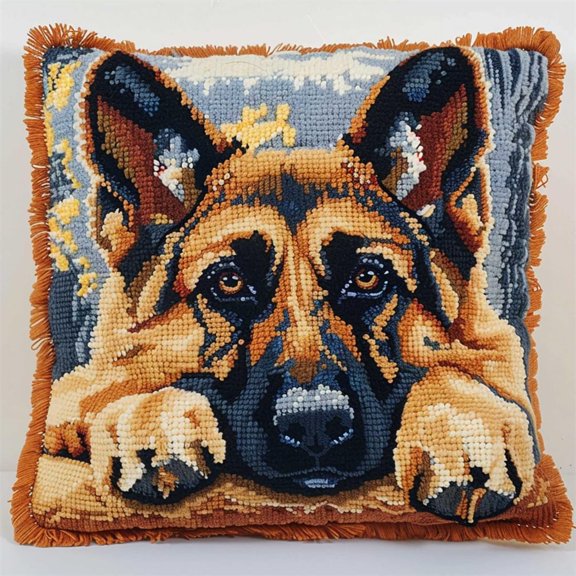 Animals Latch Hook Rug Kits German Shepherd Dog DIY Throw Pillow Cover Sofa Cushion Latch Hook Kits for Beginners Adults Pre-Printed Pattern 17x17In