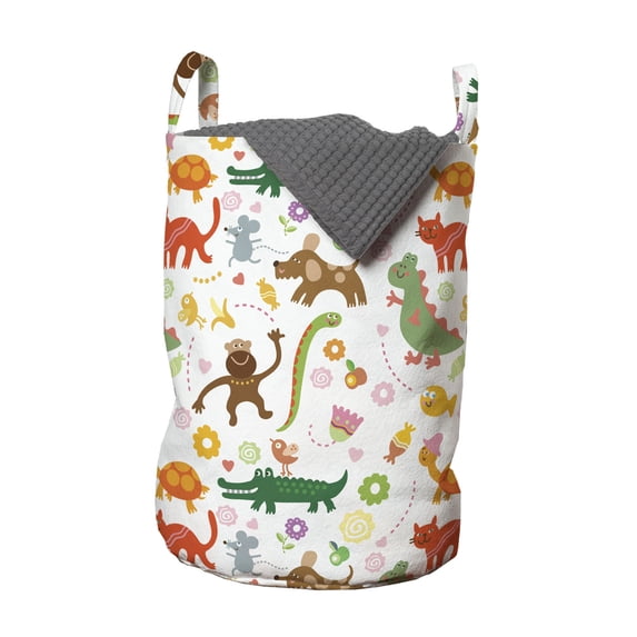 Animals Laundry Bag, Jolly Cartoon Animals Colorful Flowers and Hearts for Cheerful Babies and Children, Basket with Handles Drawstring Closure for Laundromats, 13" x 19", Multicolor, by Ambesonne