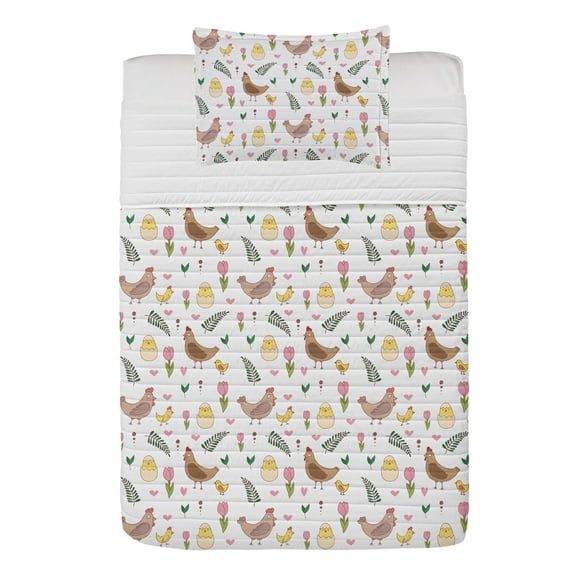 Animals Microfiber Bedspread Set, Pattern Chickens Hatching Flowers and Heart Motifs Image Colorful Composition, Soft Bedding Set with Pillow Shams & Comforter, 3 Sizes, White Multicolor, by Ambesonne