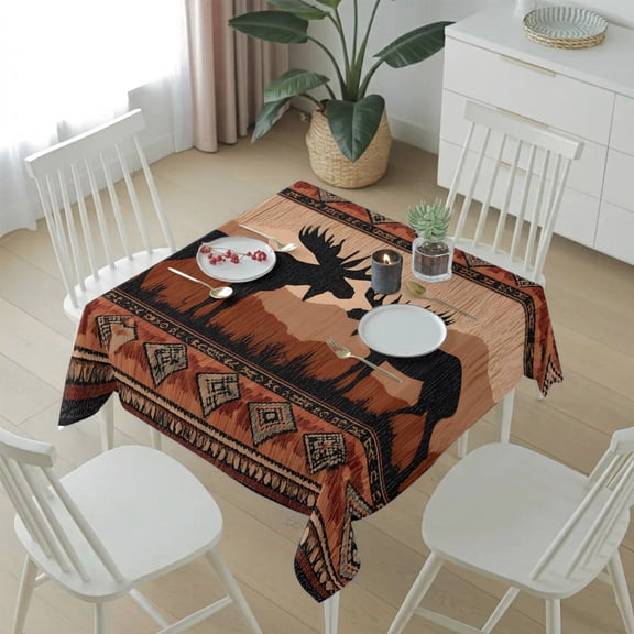 Animals Moose Silhouettes Table Cloth 54x54in, Waterproof Square Tablecloth Wipeable Tablecloths Retro Aztec Border Table Covers for Dining Tables Party Indoor Outdoor