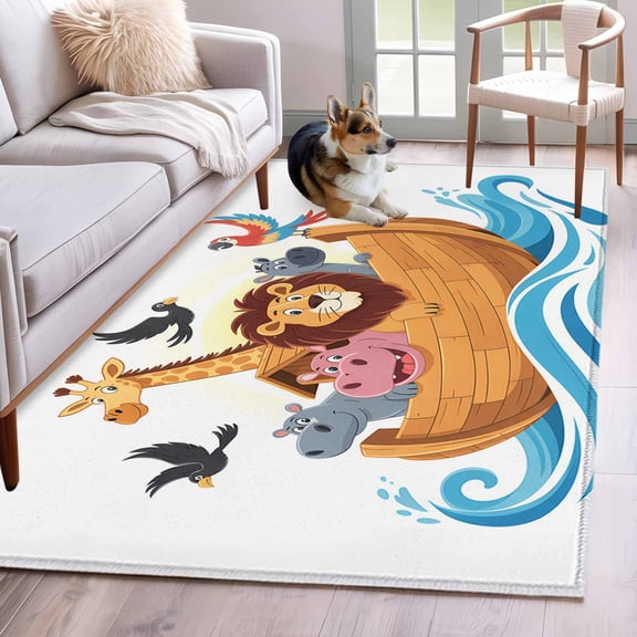 Animals Nautical Area Rug 4x6 Washable Rug Non Slip Cartoon Cute Zoo Boat Aboard Large Area Rug Indoor Floor Carpet for Entryway Bedroom Kitchen Living Room Home Office Dining Room Nursery