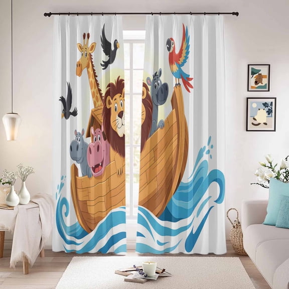 Animals Nautical Blackout Curtains for Bedroom/Living Room, Pinch Pleated Black Out Curtains, Cartoon Cute Zoo Boat Aboard Room Darkening Window Drapes with Hooks 2 Panels, 59"x70"