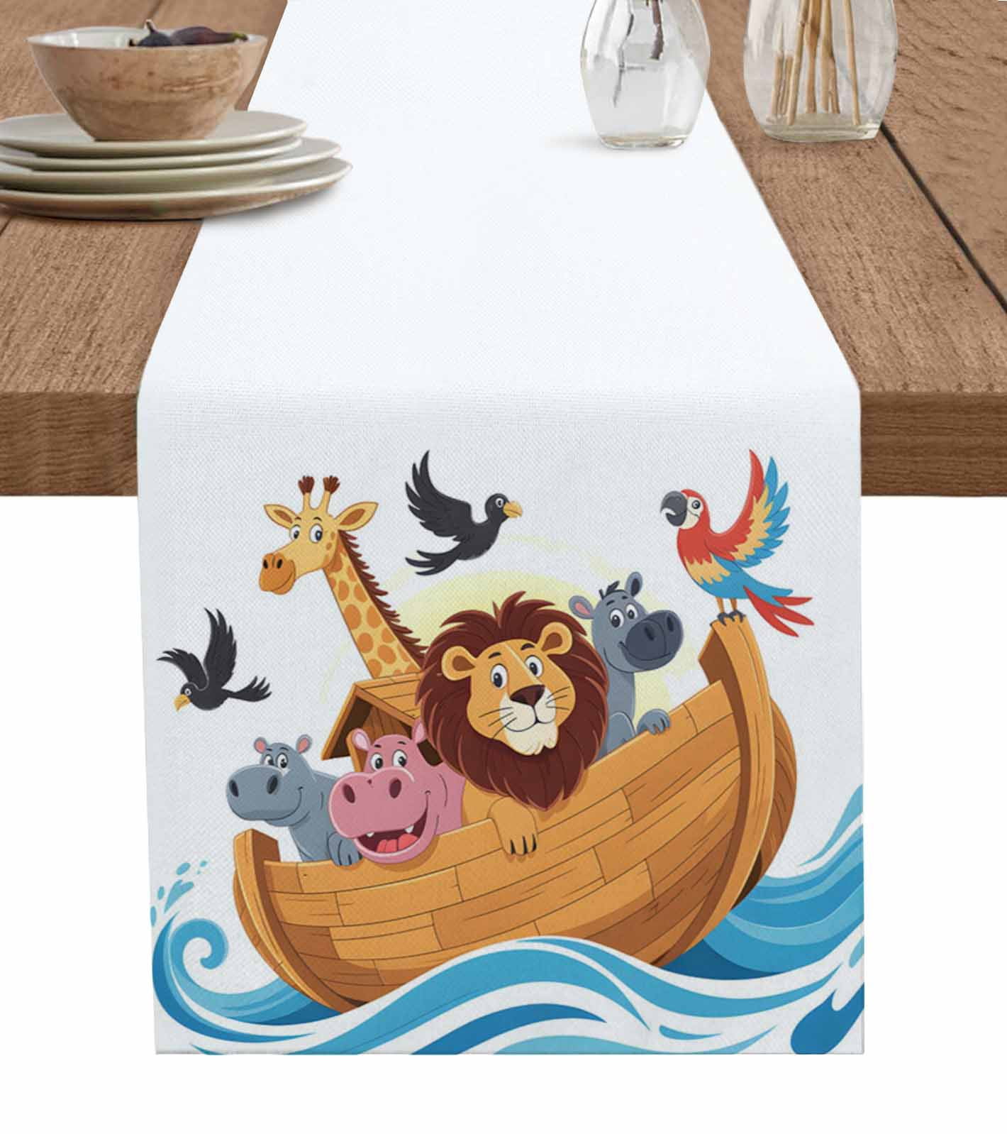 Animals Nautical Burlap Cotton Table Runner 16x72 Inches Long, Cartoon Cute Zoo Boat Aboard Farmhouse Table Runners, Outdoor Dining Tablecloths Decor for Baby Shower/Party/Wedding