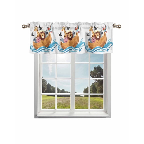Animals Nautical Kitchen Curtain Valances for Windows Farmhouse Short Curtains, Cartoon Cute Zoo Boat Aboard Rod Pocket Valance Curtain for Bedroom Cafe Living Room 60"x18"