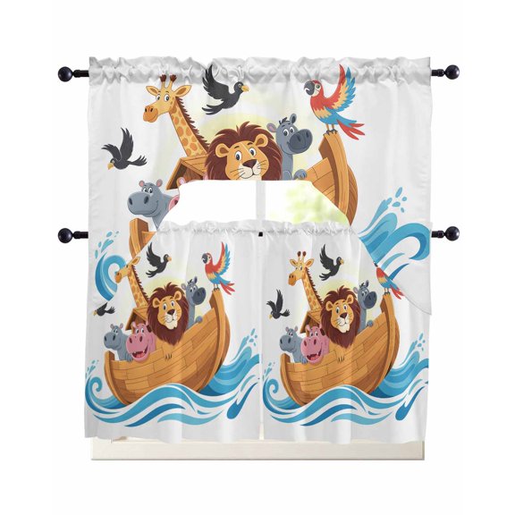 Animals Nautical Kitchen Curtains Set for Windows 3 Piece Cafe Curtains 36 Inch Length Swag Curtains Valances and Tier Set Cartoon Cute Zoo Boat Aboard Drapes for Bedroom Bathroom Living Room