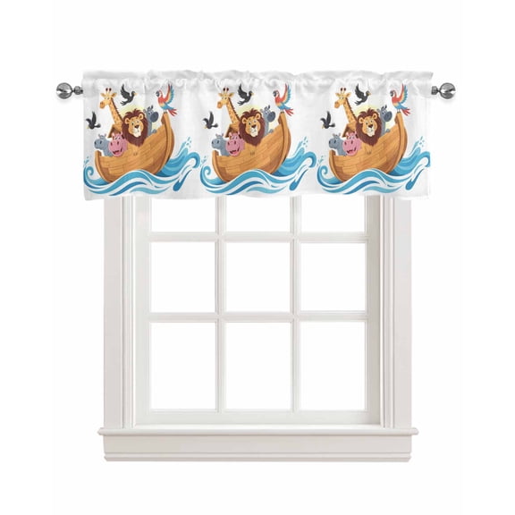Animals Nautical Kitchen Valances for Windows Farmhouse Linen Window Valance Curtain for Living Room Window Treatment Cartoon Cute Zoo Boat Aboard Valance Rod Pocket Topper Drape, 60 x 18 Inch