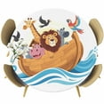 thumbnail image 1 of Animals Nautical Round Tablecloth 55-60 Inch Round Fitted Table Cloth with Elastic Edge, Cartoon Cute Zoo Boat Aboard Waterproof Table Cover Protector for Outdoor Picnic Party Dining, 1 of 6