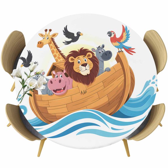 Animals Nautical Round Tablecloth, Fitted Table Cover with Elastic for 45"-54" Round Tables, Cartoon Cute Zoo Boat Aboard Table Cloth Outdoor Indoor Dinning Party Waterproof Tablecloths