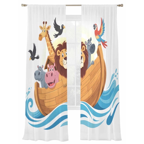 Animals Nautical Sheer Curtains 108 Inch Length 2 Panels Set, Semi Transparent Voile Rod Pocket Curtains for Living Dining Room Bedroom Drapes Cartoon Cute Zoo Boat Aboard