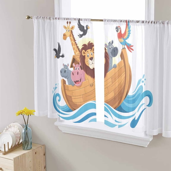 Animals Nautical Sheer Curtains 54 Inches Length 2 Panels Set, Window Sheer Curtains for Living Room/Bedroom, Cartoon Cute Zoo Boat Aboard Light Filtering Rod Pocket Curtain 52'' x 54'' x 2
