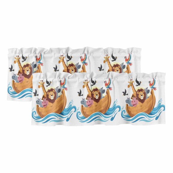 Animals Nautical Valances for Windows, Decorative Rod Pocket Window Valance Curtains, Cartoon Cute Zoo Boat Aboard Short Curtain Drapes for Kitchen/Bathroom/Living Room, 2 Panels, 42" W x 12" L