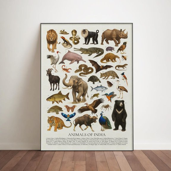 Animals Of India Poster, Wildlife Identification Chart, Unframed Paper Poster 8x10in