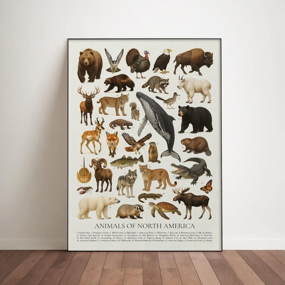 Animals Of North America Poster, Wildlife Identification Chart, Unframed Paper Poster 8x10in