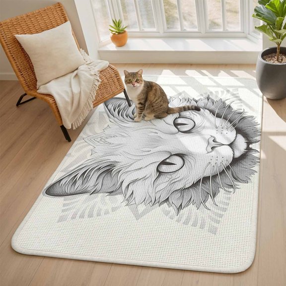 Animals Pet Area Rugs for Living Room 5x6, Cat Flowers and Kitty Washable Area Rug with Non Slip Backing, Stain Resist Linen Carpet for Bedroom, Dining Room, Entryway, Entrance