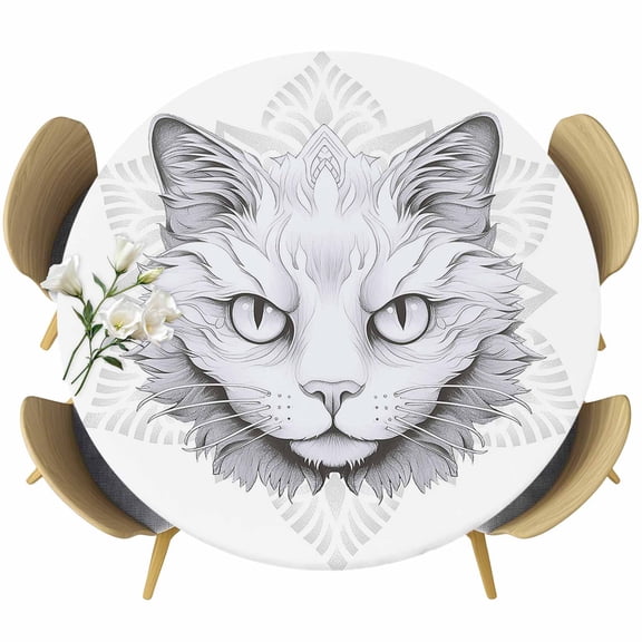 Animals Pet Round Fitted Table Cover Cat Flowers and Kitty Waterproof Table Cloth with Elastic Edge Wipeable Tablecloth for Picnic Camping Party Fits 36"-44" Diameter