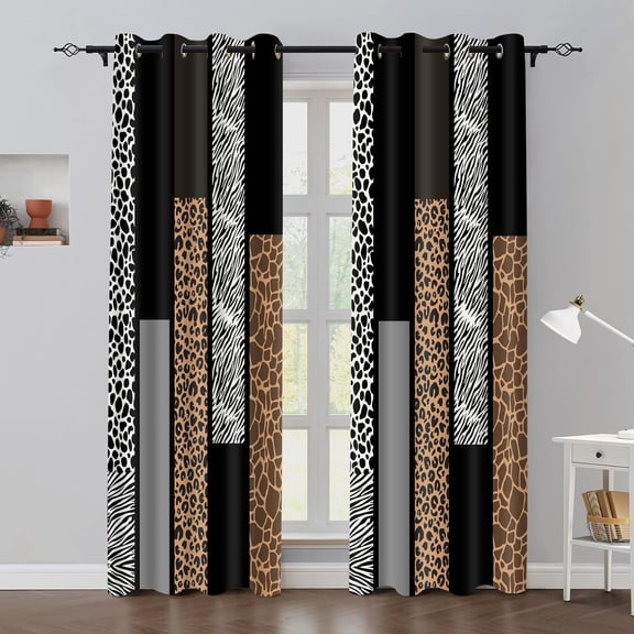 Animals Print Curtain, Leopard Print Abstract Safari Theme Blackout Curtains, Rustic Black White Gray Window Drapes for Living Room Bedroom Kitchen-52"W x 63"L (Pack of 2)