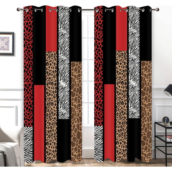Animals Print Curtain, Leopard Print Abstract Safari Theme Blackout Curtains, Rustic Red Black White Window Drapes for Living Room Bedroom Kitchen-42"W x 63"L (Pack of 2)