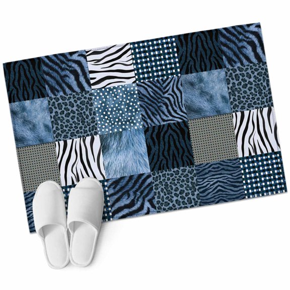 Animals Print Plaid Bathroom Rug Washable 2x3 Entryway Rug Non Slip Blue Checkered Leopard Textured Front Door Mat Low Pile Indoor Doormat Throw Floor Carpet for Kitchen Bedroom Entrance