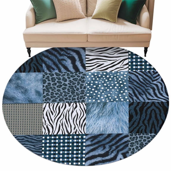Animals Print Plaid Round Rug 6ft Washable Circle Kitchen Rugs Non Slip Blue Checkered Leopard Textured Large Area Rug Indoor Floor Carpet for Bedroom Living Room Home Office Dining Room Nursery