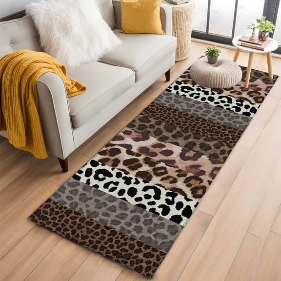 Animals Printed Striped 2'x6' Runner Rugs for Hallway Kitchen Bedside Non Slip Washable, Rustic Country Leopard Textured Entryway Rug Runners with Rubber Backing, Long Carpet Runner for Laundry Room