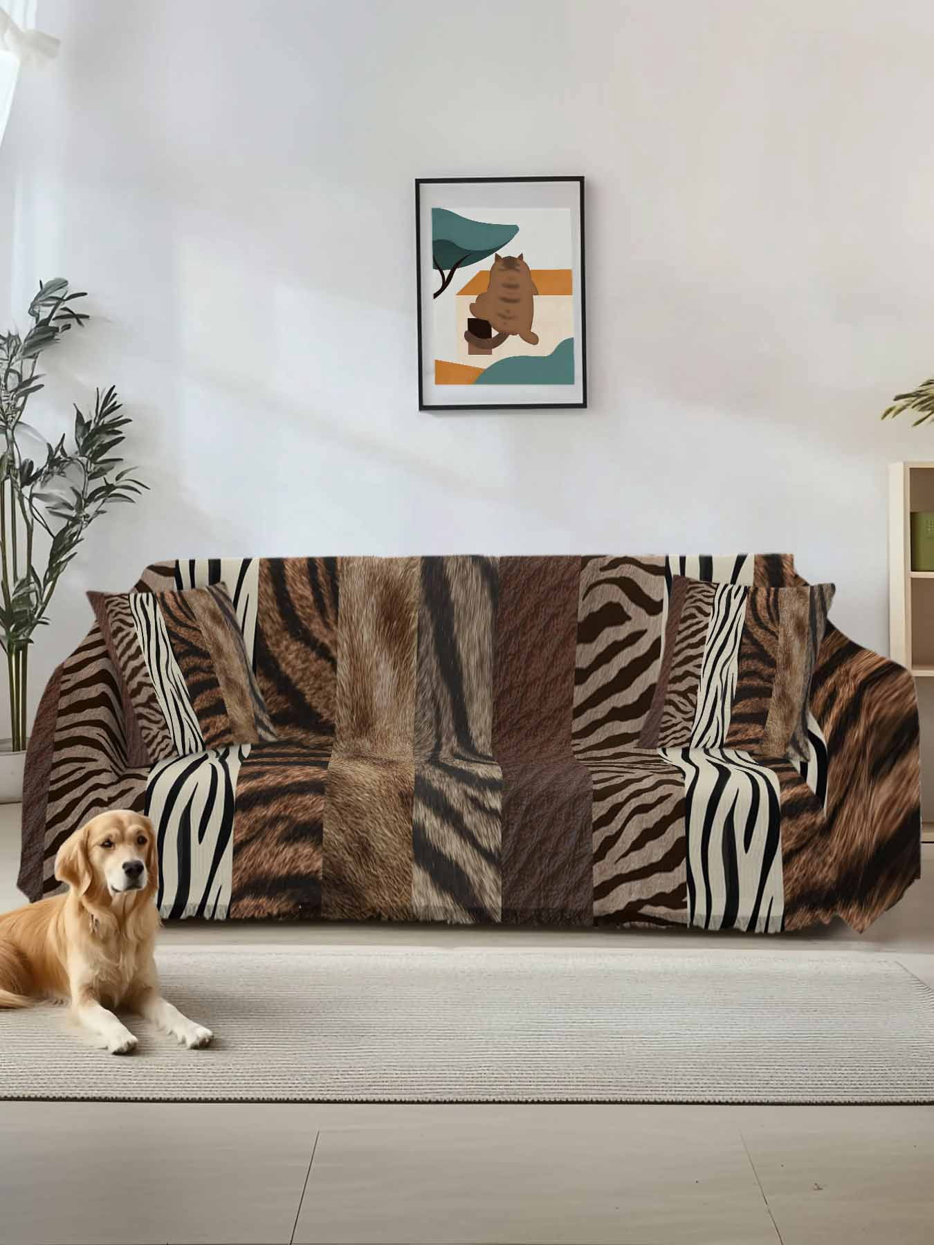 Animals Printed Striped Couch Cover, Rustic Country Zebra Textured Oversized Sofa Cover Blanket for 3 Cushion Couch, Sectional Sofa Slipcover Furniture Protector for Living Room Bedroom 71''x150''