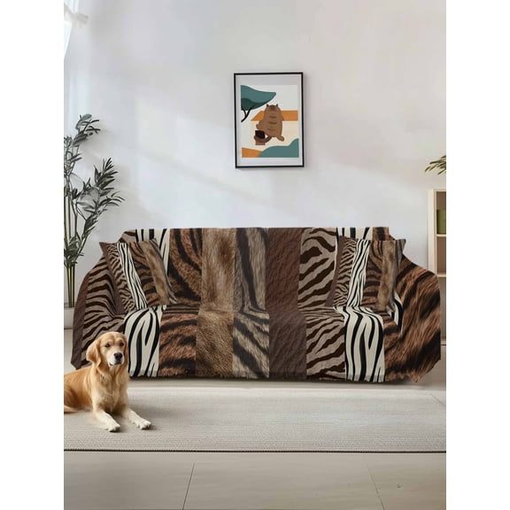 Animals Printed Striped Couch Cover, Rustic Country Zebra Textured Sofa Cover Blanket for 3 Cushion Couch, Sectional Sofa Slipcover Furniture Protector for Living Room Bedroom 71''x134''