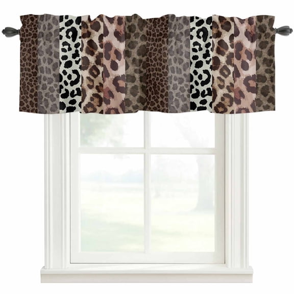 Animals Printed Striped Farmhouse Short Window Curtain Valances, Rustic Country Leopard Textured Rod Pocket Kitchen Valances for Living Room Bedroom Bathroom Cafe 54" x 18"