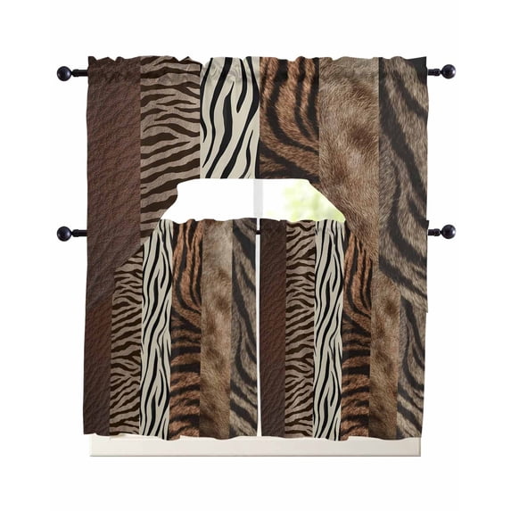 Animals Printed Striped Kitchen Curtains Set for Windows 3 Piece Cafe ...