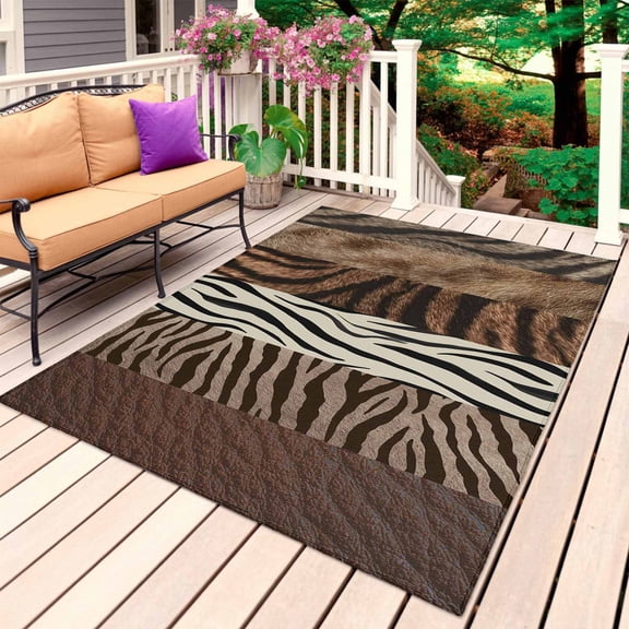 Animals Printed Striped Outdoor Rug 4x6 Ft, Non Slip Washable Area Rug, Rustic Country Zebra Textured Patio Rugs Carpet Runner, Large Floor Mat for Indoor/Outdoor Deck Porch Camping