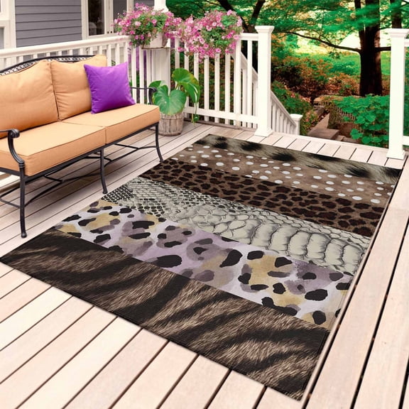Animals Printed Striped Outdoor Rug 5x7 Ft, Non Slip Washable Area Rug, Country Leopard Zebra Textured Patio Rugs Carpet Runner, Large Floor Mat for Indoor/Outdoor Deck Porch Camping