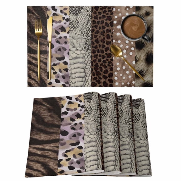 Animals Printed Striped Placemats Set of 4, Country Leopard Zebra Textured Placemats for Dining Table, Place Mats for Kitchen Tabletop, Waterproof Wipeable Dining Table Mats Set