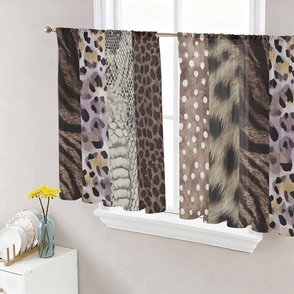Animals Printed Striped Sheer Curtains 45 Inch Length 2 Panels Set, Country Leopard Zebra Textured Voile Window Treatment Rod Pocket Small Kitchen Curtains Drapes for Bedroom 52"x45"x2