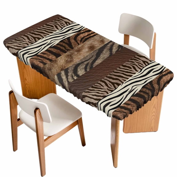 Animals Printed Striped Table Cloths for 4 Foot Rectangle Tables, Rustic Country Zebra Textured Patio Waterproof Elastic Fitted Tablecloths, Washable Rectangular Table Cover for Camping