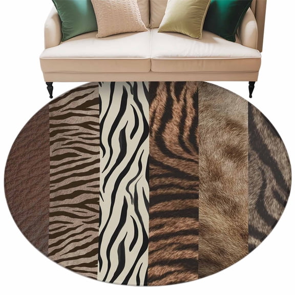 Animals Printed Striped Washable Round Rug 6ft Area Rug for Living Room, Soft Large Non-Slip Circle Dining Room Rugs Rustic Country Zebra Textured Carpet for Bedroom Entryway Classroom Dorm
