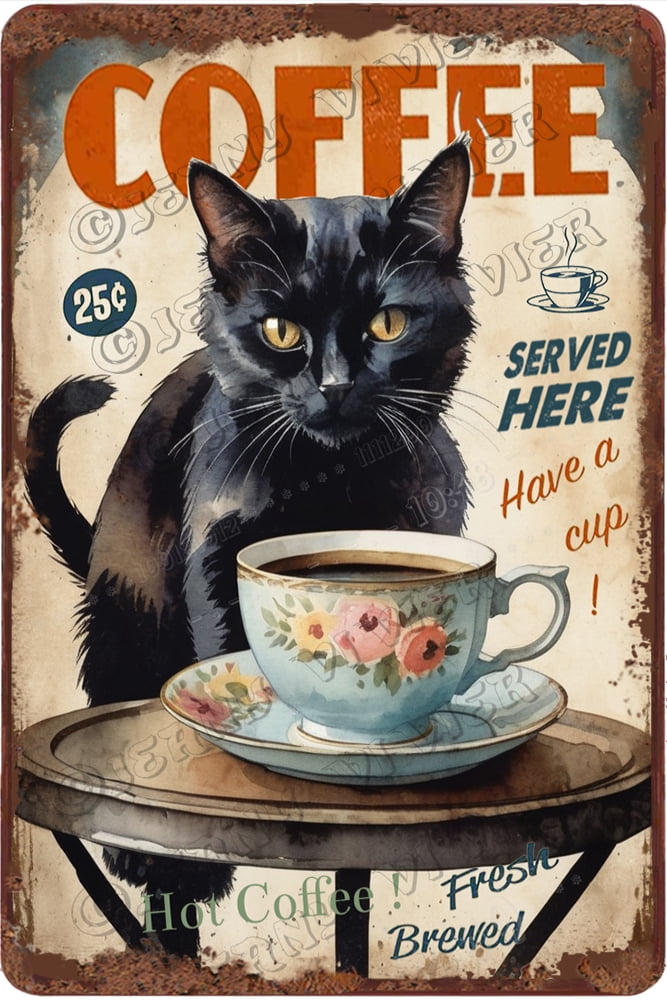Vintage Black Cat Metal Sign - 'That's What I Do I Drink Coffee' Funny Wall Decor 8x12 Inches