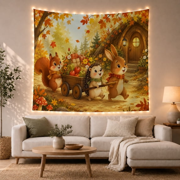 Animals Pulling Cart Under Autumn Trees, Playful Cottagecore Style for Animal Lovers, Forest Wall Art, Thanksgiving Hostess Gift, Tapestry Wall Hanging for Nursery and Playroom
