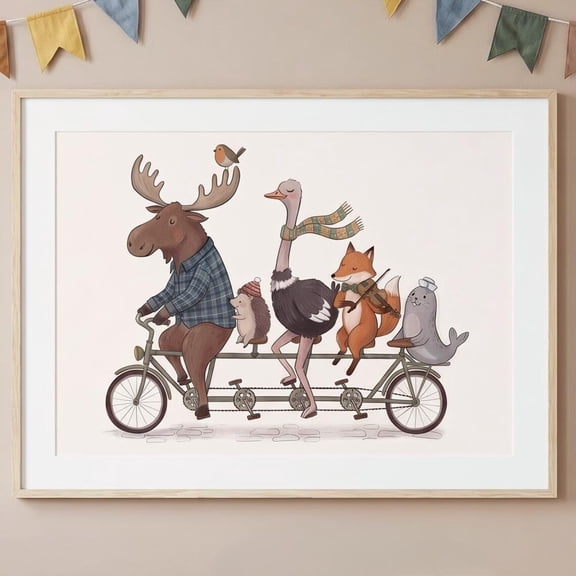 Animals Riding Bike Wall Art, Tandem Bicycle Illustration, Unframed Paper Poster 8x10in