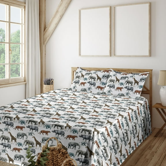 Ambesonne Animals Fitted & Flat Sheet with Shams 4 Pcs Set, Tiger Hippo Giraffe Print, Full, White Soft Blue Cinnamon