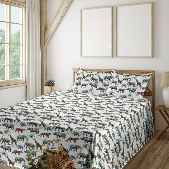 Ambesonne Animals Fitted & Flat Sheet with Shams 4 Pcs Set, Tiger Hippo Giraffe Print, Full, White Soft Blue Cinnamon