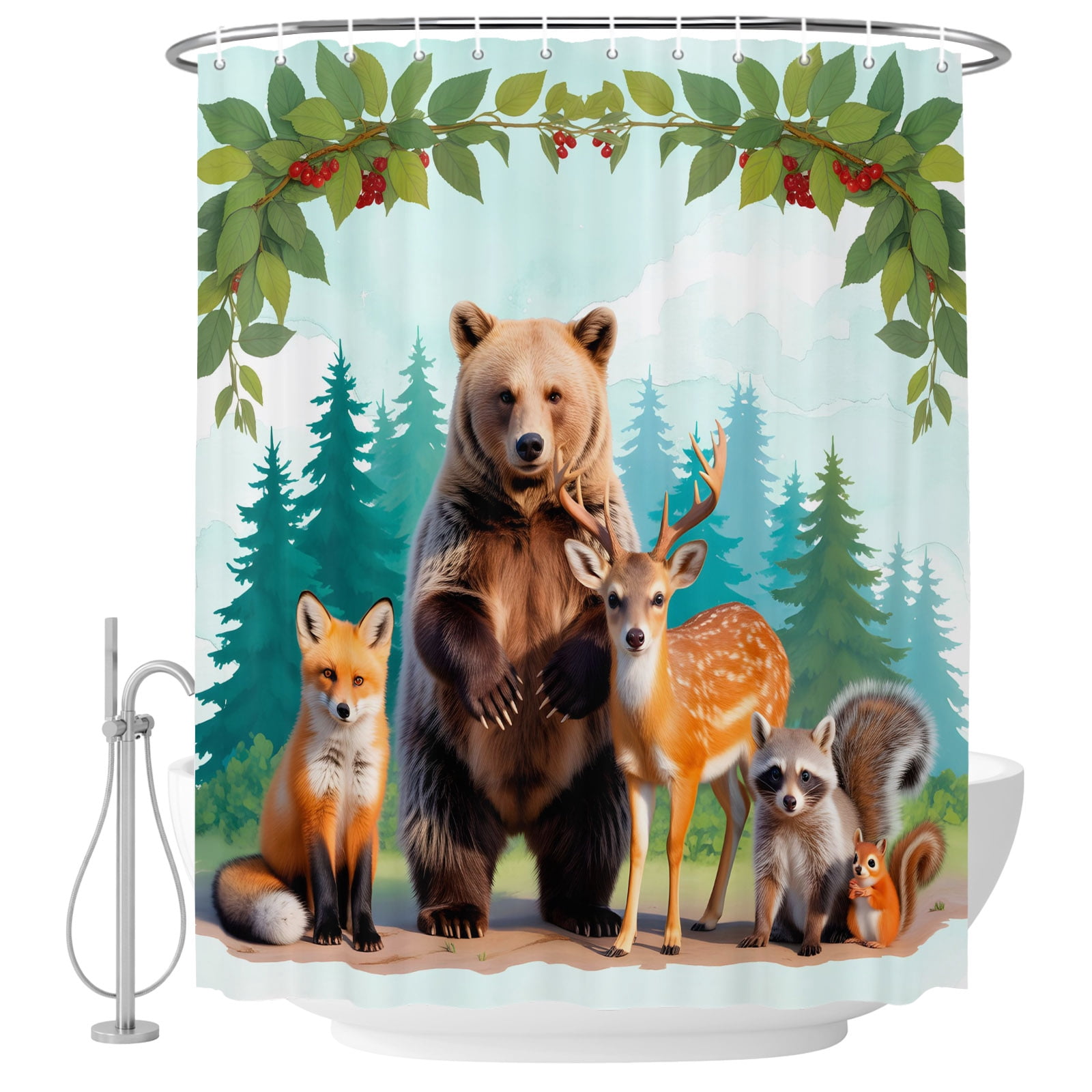 Animals Shower Curtain for Bathroom, Forest Bear Fox Deer Raccoon ...
