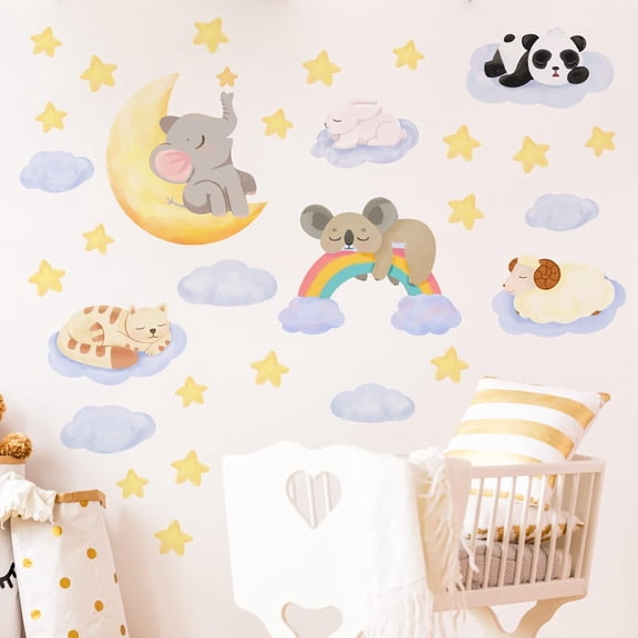 Animals Sleeping in Clouds Wall Decals Panda Koala Cat Wall Stickers with Star Moon Wall Decor Vinyl Wall Decoration for Baby Nursery Kindergarten Bedroom Living Room 32.5cmx88cm