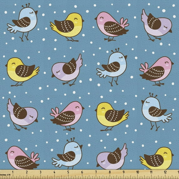Ambesonne Animals Fabric by the Yard Upholstery, Colorful Birds and Dots, 3 Yards, Slate Blue Multicolor