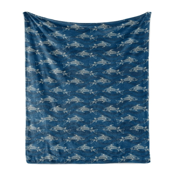 Animals Soft Flannel Fleece Blanket, Ocean Theme Nautical Patterns with Fish Silhouettes Ethnic Repetition, Cozy Plush for Indoor and Outdoor Use, 50" x 70", Dark Blue and Eggshell, by Ambesonne