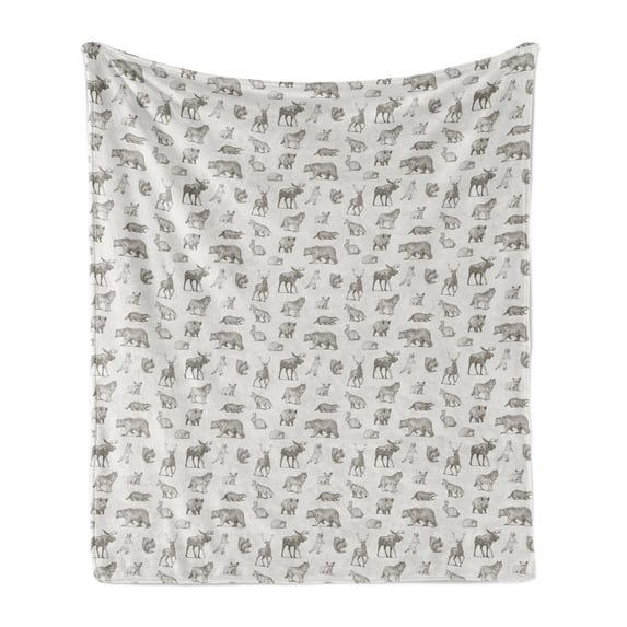 Animals Soft Flannel Fleece Blanket, Pattern with Different Hand-drawn Style Forest Inhabitants Sketch Artwork, Cozy Plush for Indoor and Outdoor Use, 70" x 90", Pale Grey and Taupe, by Ambesonne
